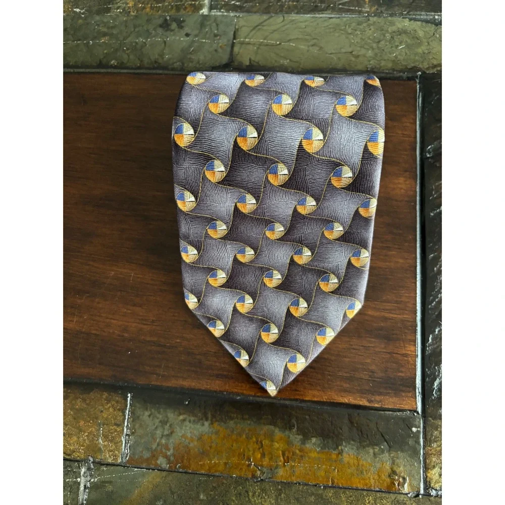 TWO Arrow & Meeting Street Vintage Silk Neckties Tan Brown Blue geometric circle